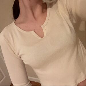 Brandy Melville V-notch Long-Sleeved Cream Crop Top